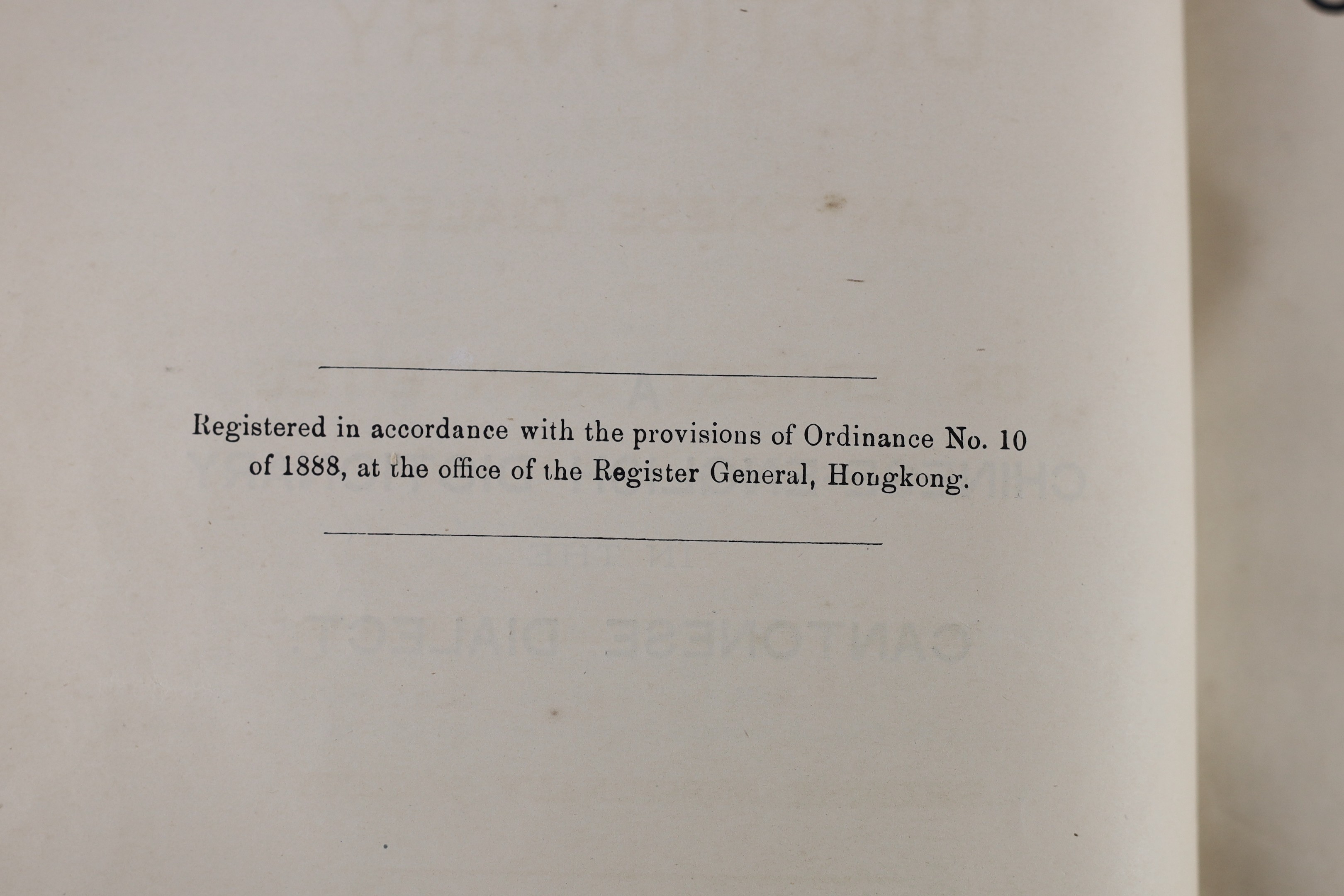 Eitel, Ernest John - A Chinese-English Dictionary in the Cantonese Dialect. (2nd edition), revised and enlarged by Immanuel Gottlieb Genahr ... (2 parts bound together); old half calf and buckram, panelled spine with bla